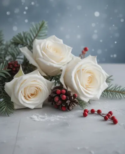 White Roses with Pine Branches and Berries - Flowers - AI generated image