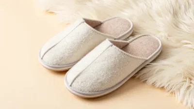 Cream Felt Slippers Softly Lit on Rug - Footwear - AI generated image