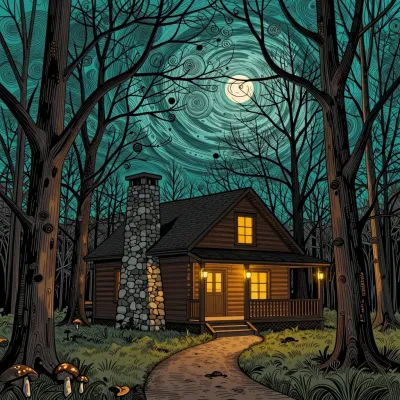 Wooden Cabin with Lanterns in Forest at Night - Architecture - AI generated image