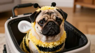 Pug in Bee Costume Sitting in Carrier - Pet - AI generated image