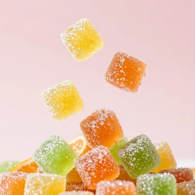 Citrus Gummies Bursting in Mid-Air - Food - AI generated image