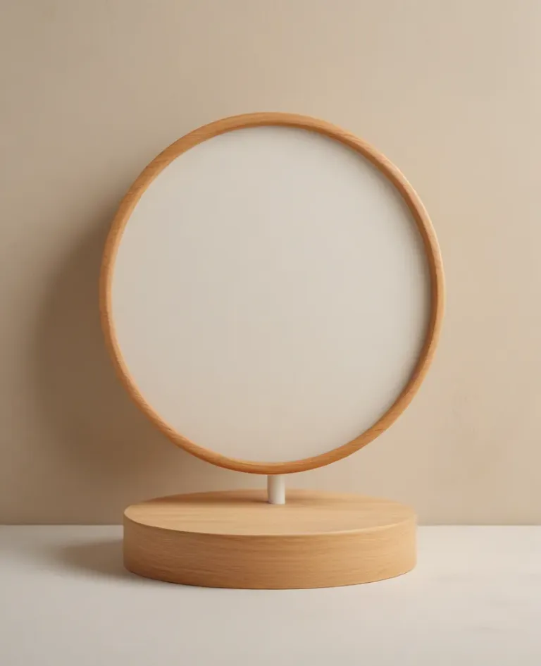Circular Mirror with Wooden Frame and Base - Furniture - AI generated image