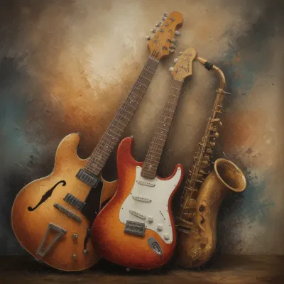 Guitars and Saxophone Diagonally Arranged - Music - AI generated image