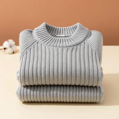 Folded Light Gray Knitted Sweater Soft Ribbed Texture - Fashion - AI generated image