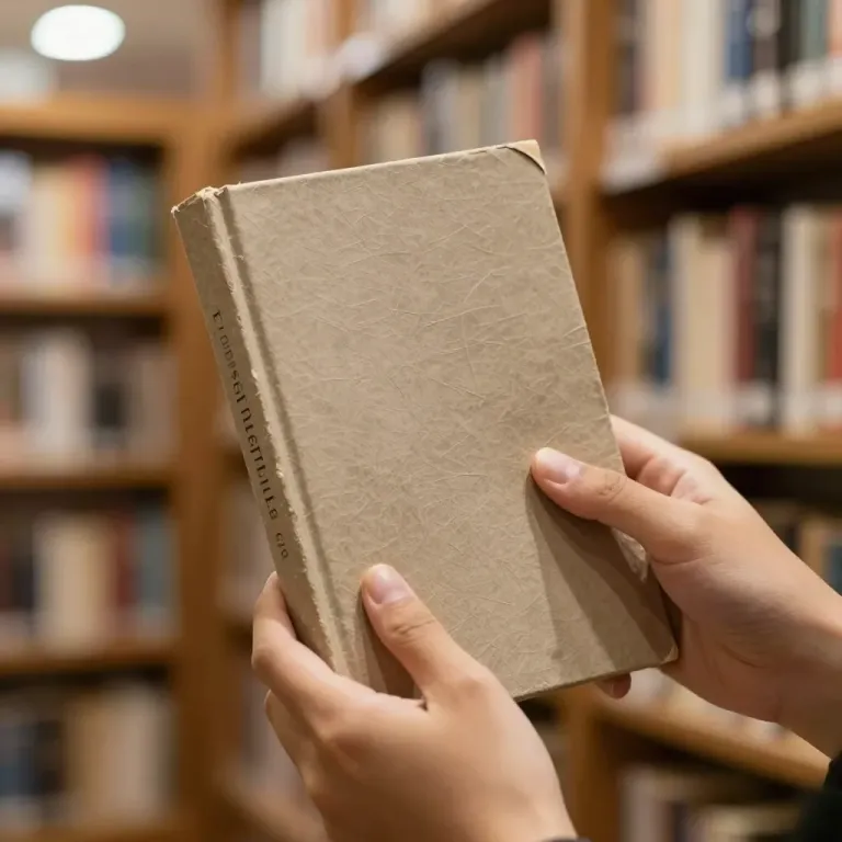 Hands Holding Worn Book in Library - People - AI generated image