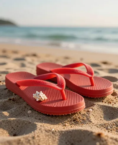 Red Flip-Flops with Seashell on Sandy Beach - Beach - AI generated image