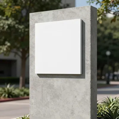 Concrete Monolith Sign with White Plaque in Urban Park - Architecture - AI generated image