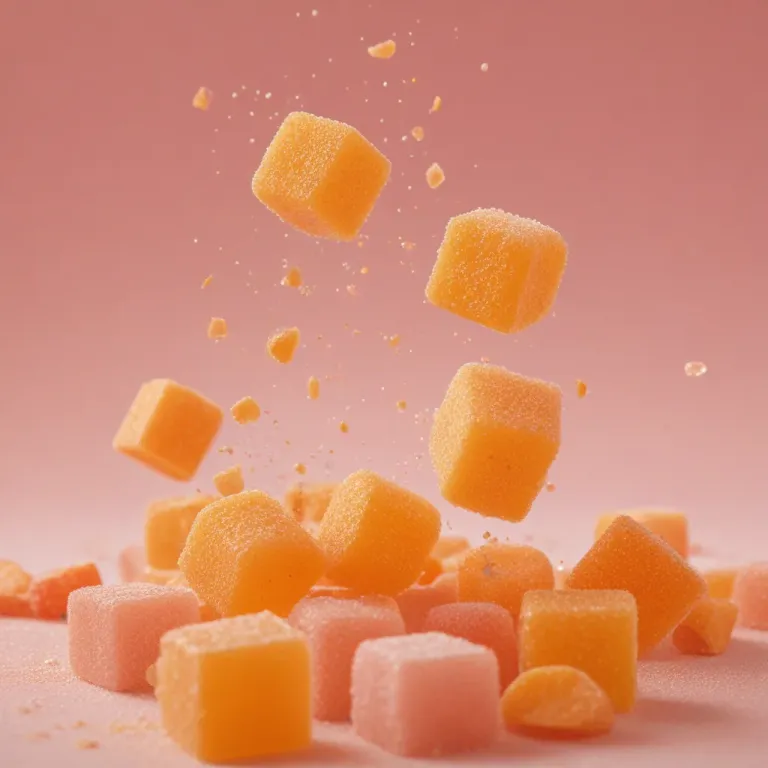 Peach Candy Cubes Drifting in Air - Food - AI generated image
