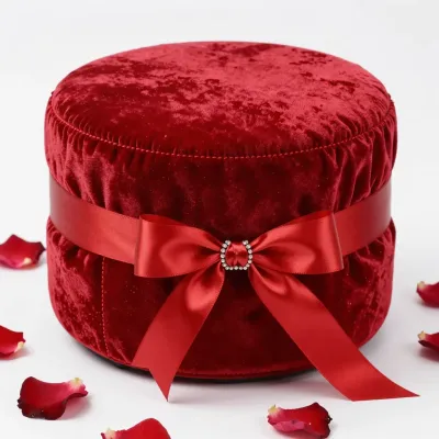 Velvet Ottoman with Red Ribbon and Rhinestone - Furniture - AI generated image