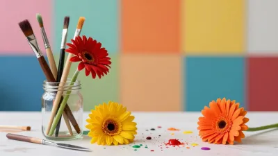 Paintbrushes and Red Daisy in Glass Jar - Art - AI generated image
