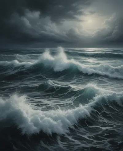 Frothy Waves Crashing Under Dramatic Sky - Seascapes - AI generated image