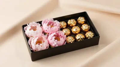 Black Box with Chocolates and Peonies - Food - AI generated image