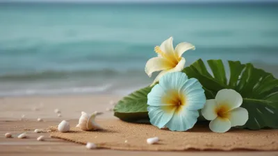 Tropical Flowers and Leaves on Woven Mat - Flowers - AI generated image