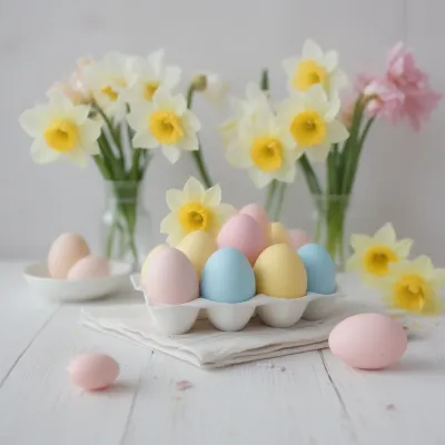 Pastel Eggs in Carton with Daffodils - Easter - AI generated image