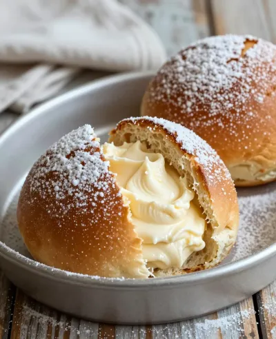 Cream-Filled Brioche Bun with Powdered Sugar - Food - AI generated image