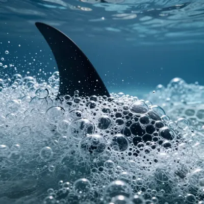 Shark Fin Emerging from Bubbly Ice-Water - Marine Life - AI generated image