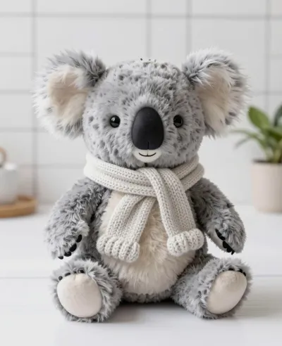 Plush Koala with Cream Scarf on Tiles - Plush - AI generated image