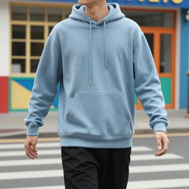 Pastel Blue Hoodie Model in Front of Colorful Building - Fashion - AI generated image