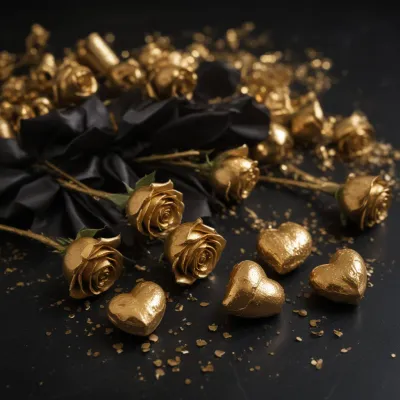 Golden Roses and Heart Chocolates Luxurious Display - Flowers - AI generated image