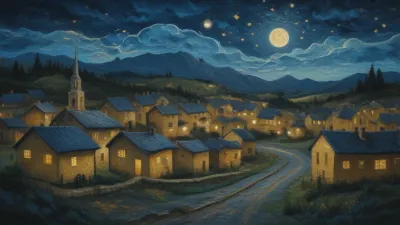 Starry Night Village with Cobblestone Streets - Architecture - AI generated image