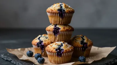 Stacked Blueberry Muffins Tower - Bakery - AI generated image