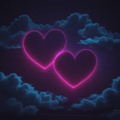 Neon Pink Hearts Floating in Dark Sky - Abstract - AI generated image