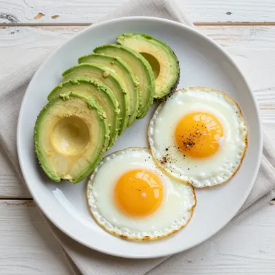 Sunny-side-up Eggs and Avocado on White Plate - Food - AI generated image