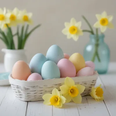 Pastel Eggs in Wicker Basket with Daffodils - Easter - AI generated image