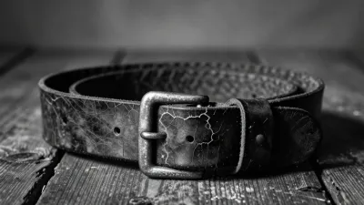 Cracked Leather Belt Abandoned on Weathered Wood - Fashion - AI generated image