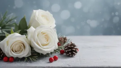 White Roses with Pinecones and Berries in Winter - Flowers - AI generated image