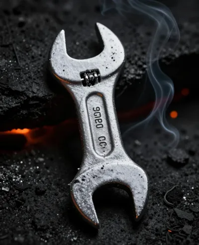 Worn Metallic Wrench Amidst Ash and Smoke - Tool - AI generated image