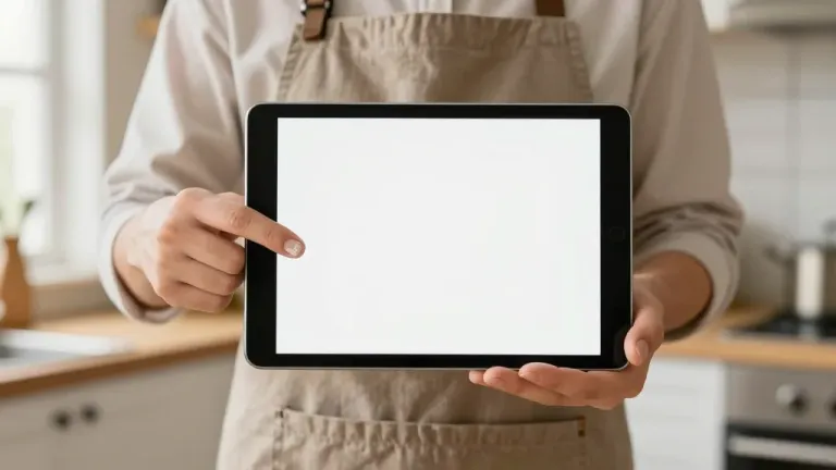 Hands Holding Tablet with White Screen - Food - AI generated image