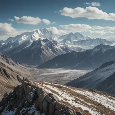 Rocky Outcrop in Snowy Mountain Range - Landscape - AI generated image