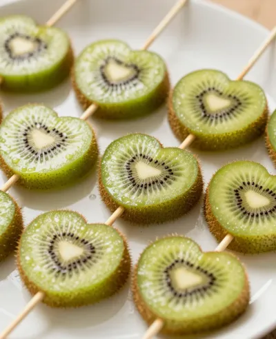 Kiwi Hearts on Skewers on White Plate - Food - AI generated image