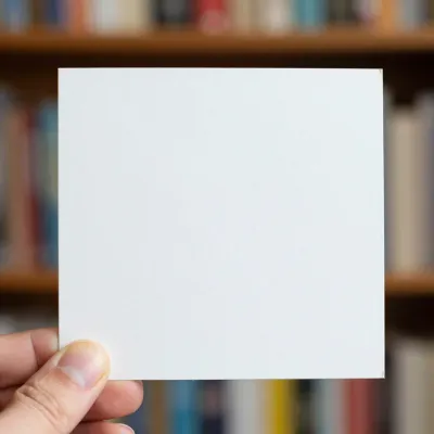 Hand Holding White Card against Bookshelf - People - AI generated image