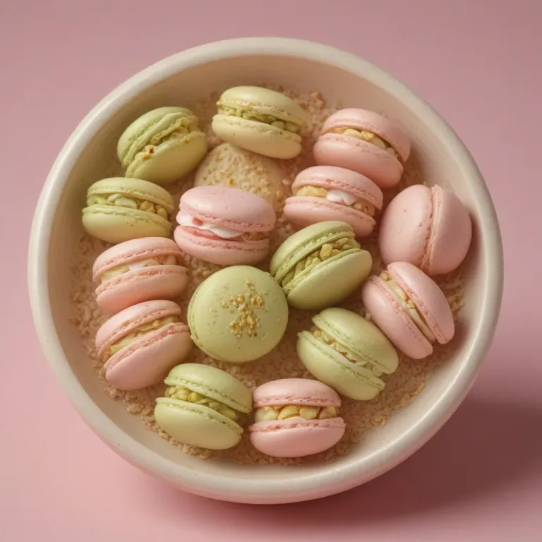 Pistachio & Rose Macarons in Bowl - Bakery - AI generated image