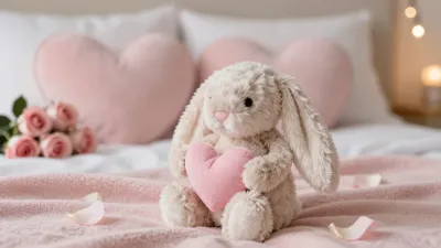 Plush Bunny with Heart Ears on Romantic Bed - Furniture - AI generated image
