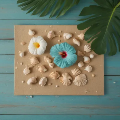 Tropical Paradise Canvas with Hibiscus and Seashells - Floral - AI generated image