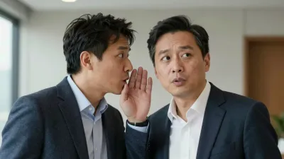 Men Whispering in Formal Suits - Portrait - AI generated image