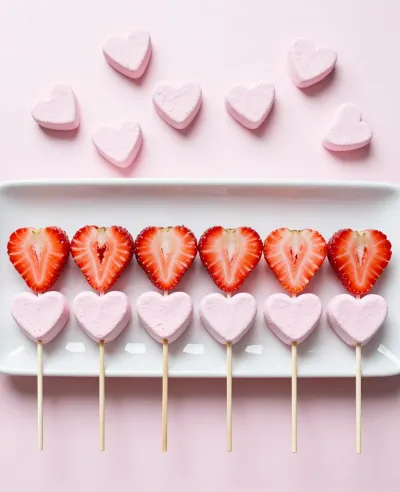 Heart-Shaped Marshmallows and Strawberry Skewers on Plate - Food - AI generated image