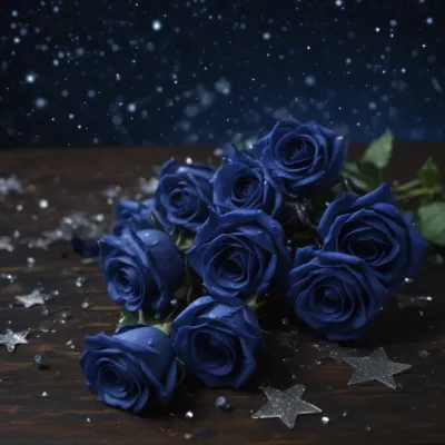 Midnight Blue Roses Gleaming in Starry Night - Flowers - AI generated image