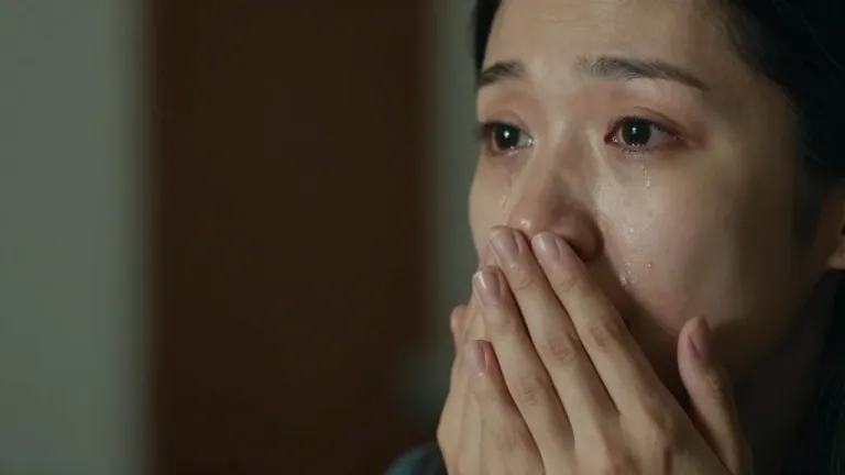 Tearful Woman Cupping Face by Doorway - Emotion - AI generated image