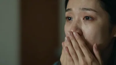 Tearful Woman Cupping Face by Doorway - Emotion - AI generated image