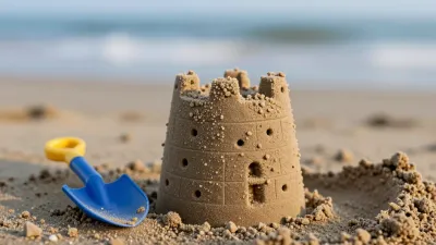 Beach Sandcastle with Turret in Golden Sunlight - Architecture - AI generated image