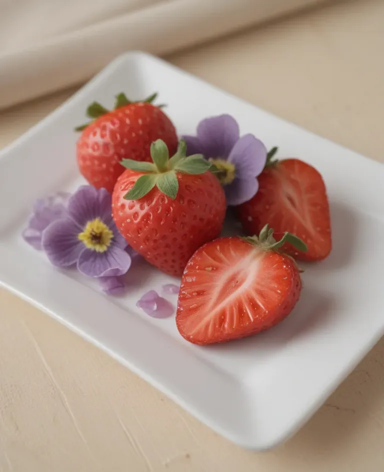 Glazed Strawberries with Purple Edible Flowers - Food - AI generated image