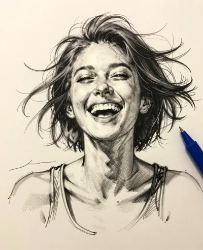 Wind-Blown Hair Laughing Portrait - Portrait - AI generated image