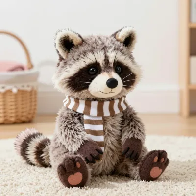 Plush Raccoon with Striped Scarf on Rug - Plush - AI generated image