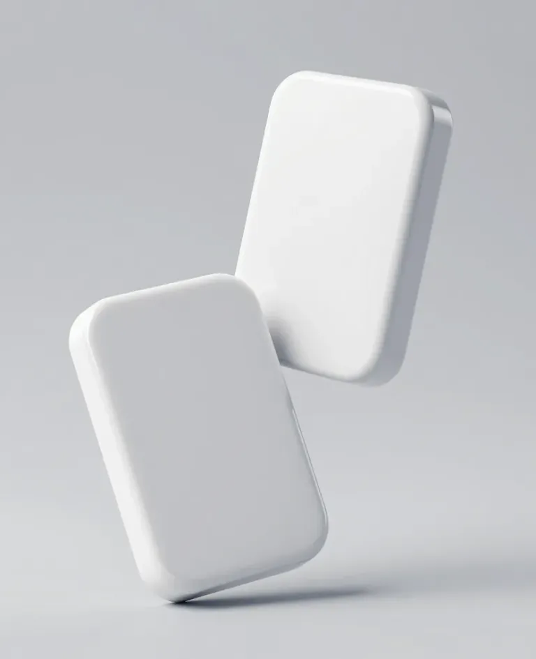 Glossy White Dominoes Balanced in Motion - Objects - AI generated image