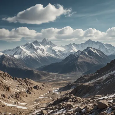 Rugged Valley Leading to Snow-Capped Peaks - Landscape - AI generated image