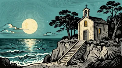 Seaside Chapel with Arched Windows and Bell Tower - Architecture - AI generated image